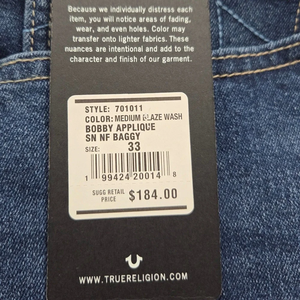 True Religion Bobby Relaxed Baggy Jeans Mens 33x32 Blue Applique Medium Wash NEW